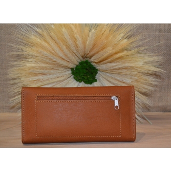 Portfel duży skórzany brązowy z kwiatowym kolorowym haftem .